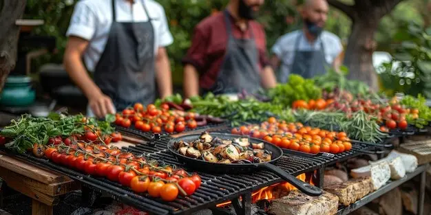男性のグループが屋外でグリルで食べ物を調理している。